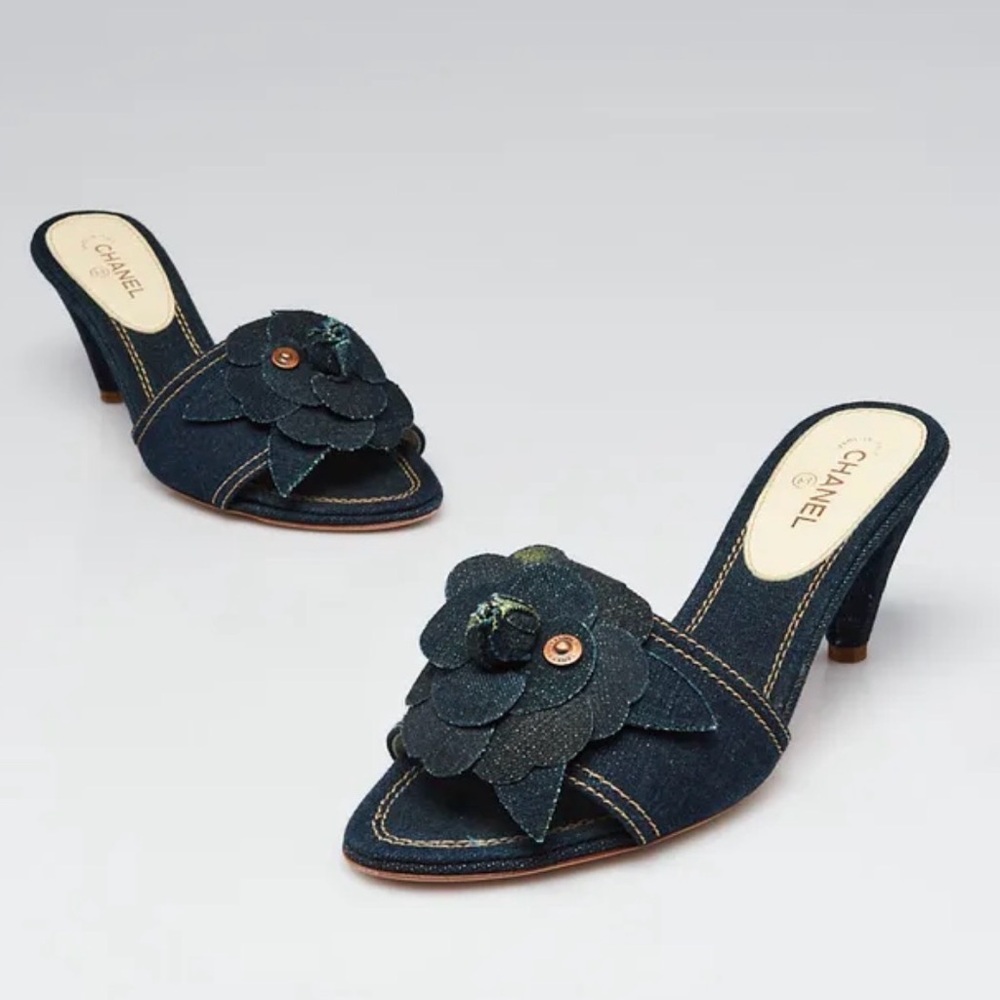 Vintage Chanel Denim Camellia Mules - Size 40.5 (Karl Lagerfeld Era